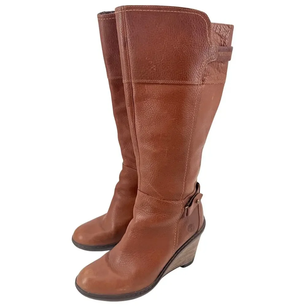 Timberland Stratham Heights Womens Brown Leather Wedge Tall Knee Boots 9 Lined
